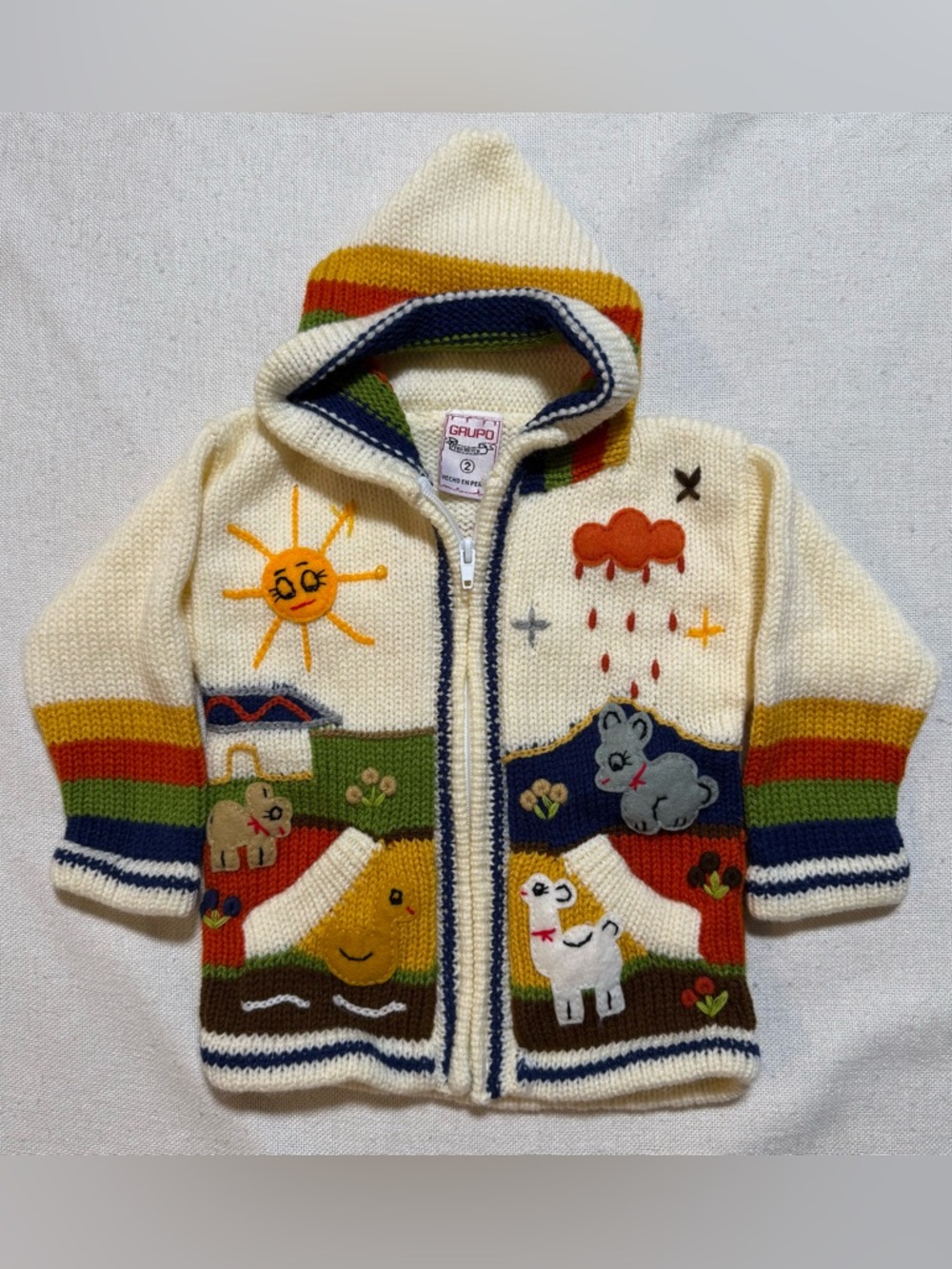 Vintage Grupo Peruvian Wool Toddler Kids Cream Hooded Knit Cardigan Animals